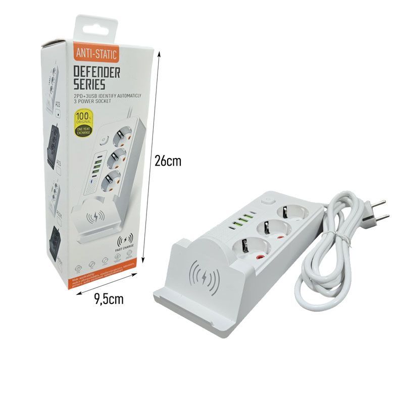 Πολύπριζο με 3 Θέσεις, 5 Θύρες USB και Ασύρματη Φόρτιση - Power Strip with 3 Outlets, 5 USB Ports and Wireless Charging OEM