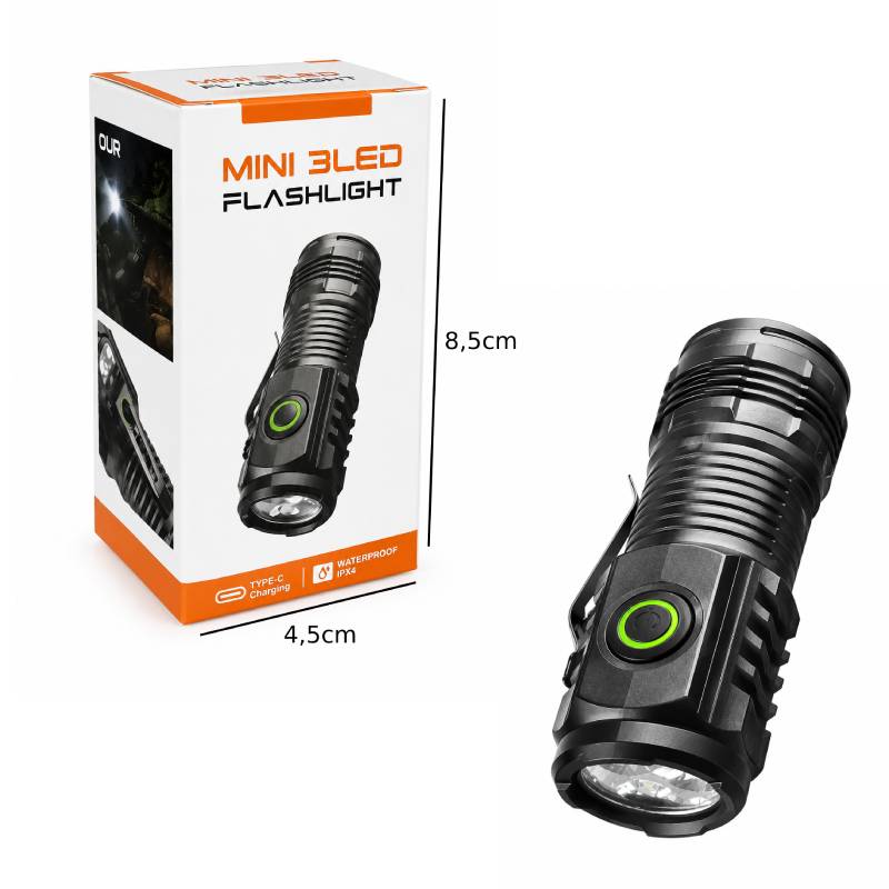 Μίνι Επαναφορτιζόμενος Φακός LED 3 LED USB Type-C Αδιάβροχος - Mini Rechargeable 3 LED Flashlight USB Type-C Waterproof OEM