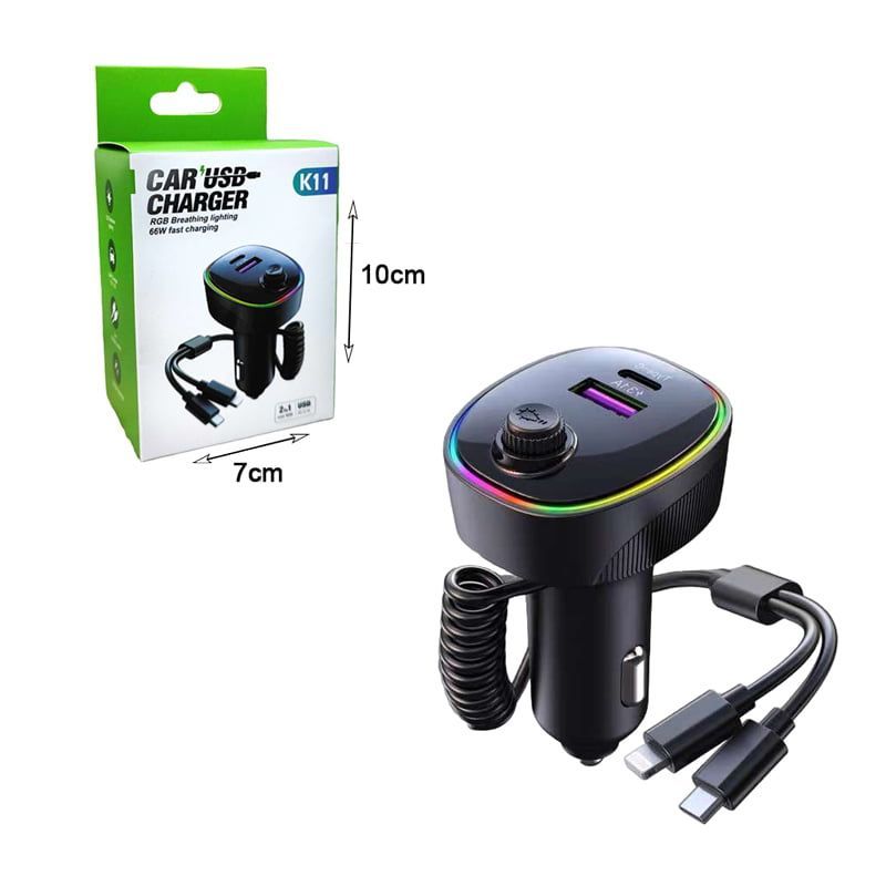 Φορτιστής Αυτοκινήτου με USB RGB 66W K11 - 2in1 Car USB charger OEM