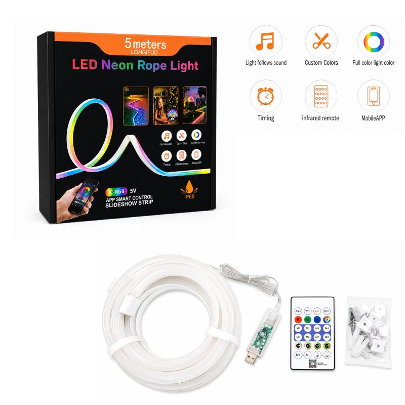 Έξυπνη RGB LED Neon Rope Light 5 Μέτρων USB με Τηλεχειριστήριο, Εφαρμογή και IP68 - LED Neon Rope Light 5M OEM