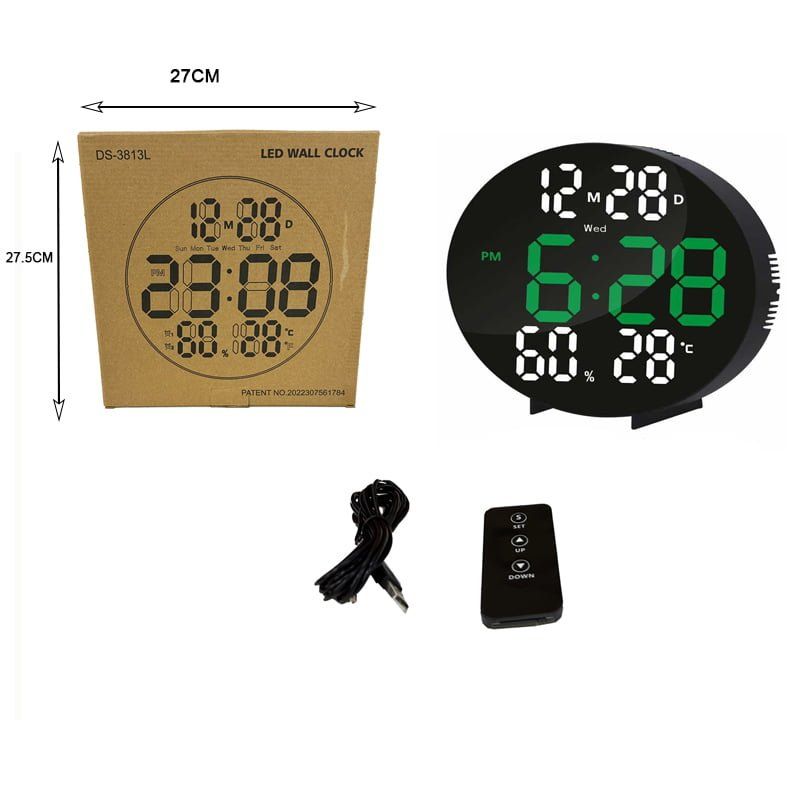 Ψηφιακό Ρολόι LED Τοίχου με Ημερολόγιο/ Θερμόμετρο/ Υγρασιόμετρο DS-3813L - LED Wall clock with Calendar/ Thermometer/ Hygrometer OEM