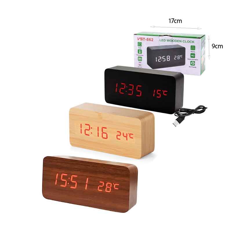 Ξύλινο Ψηφιακό Ρολόι LED με Θερμόμετρο VST-862 – LED Wooden Clock with Temperature Display OEM