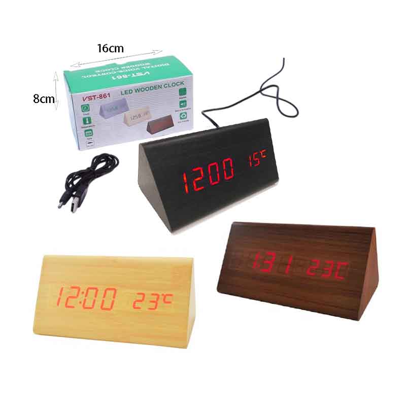 Ξύλινο Ψηφιακό Ρολόι LED με Θερμόμετρο VST-861 – LED Wooden Clock with Temperature Display - Μαύρο OEM