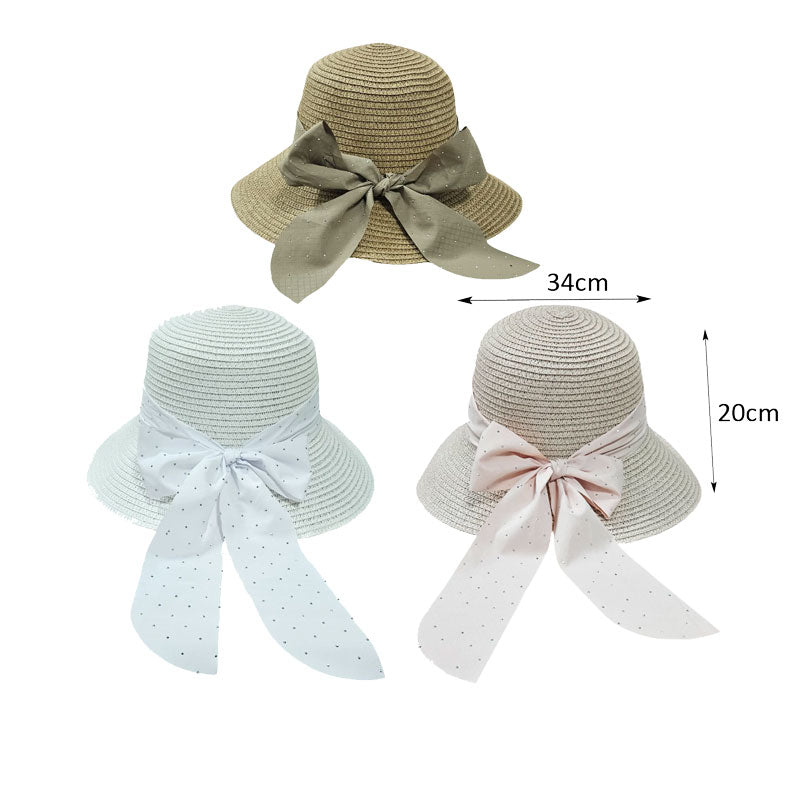 Ψάθινο Καπέλο με Φιόγκο και Λεπτομέρειες 34cm - Straw Hat with Bow - Λευκό - Μπεζ OEM