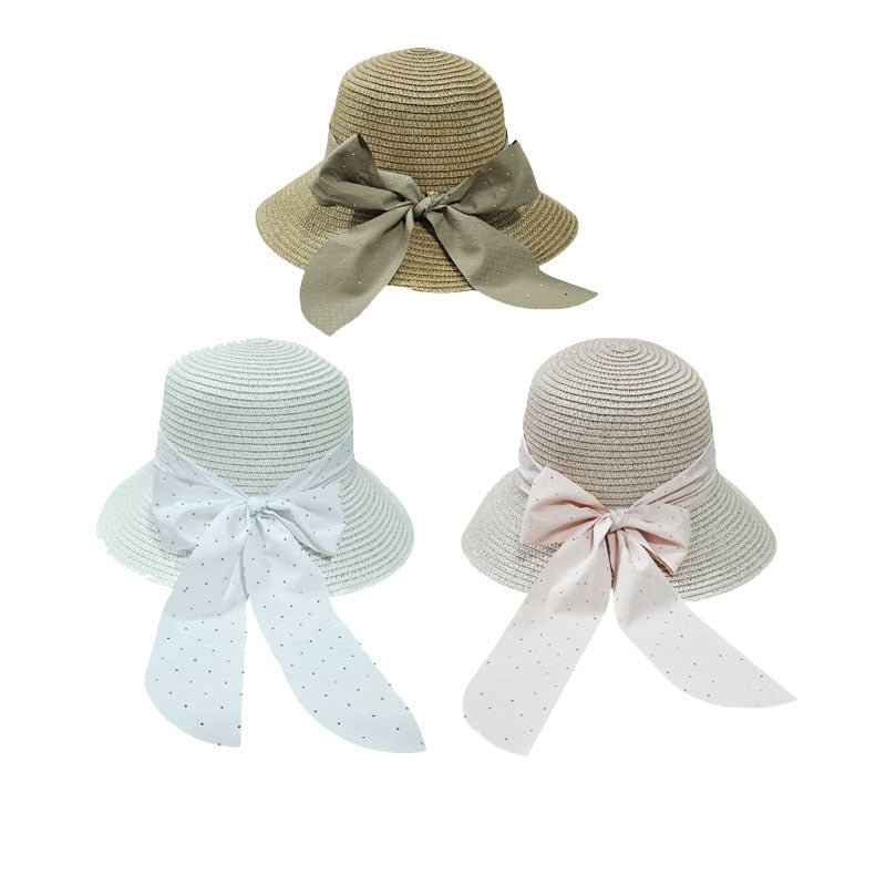 Ψάθινο Καπέλο με Φιόγκο και Λεπτομέρειες 34cm - Straw Hat with Bow - Λευκό - Μπεζ OEM
