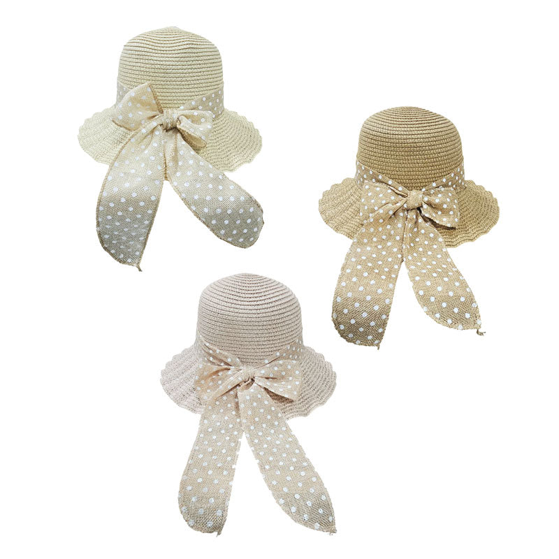 Ψάθινο Καπέλο με Φιόγκο και Πουά Κορδέλα 32cm - Straw Hat with Bow - Λευκό - Μπεζ OEM