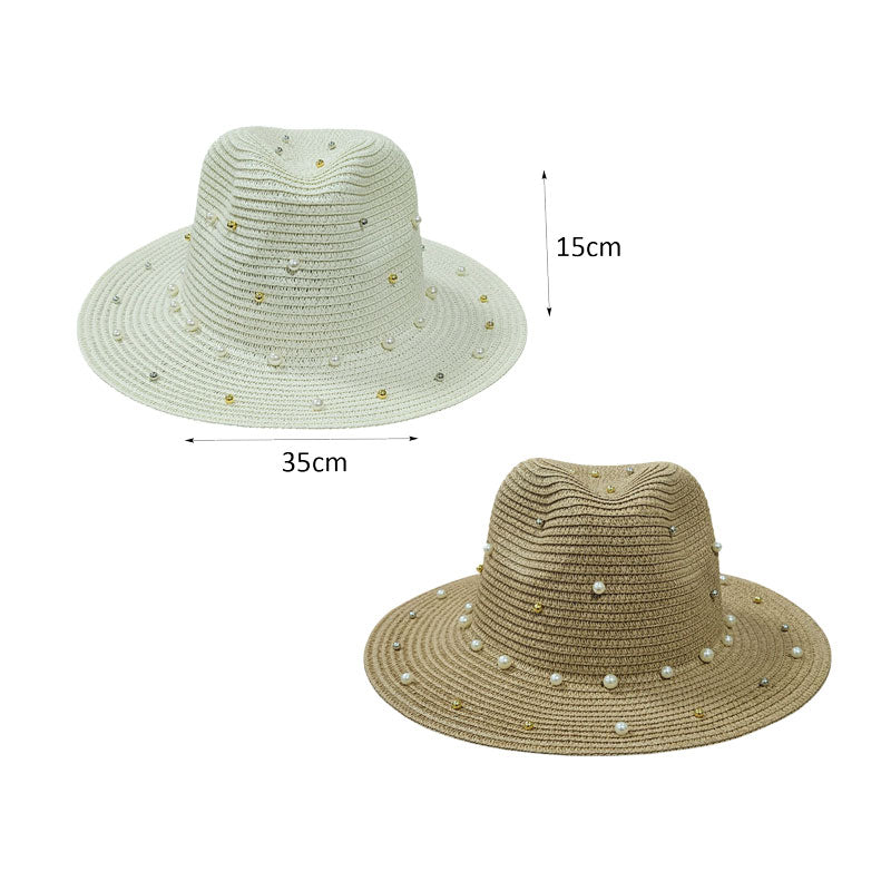 Ψάθινο Καπέλο με Διακοσμητικές Πέρλες - Straw Hat with Decorative Pearls - Λευκό - Μπεζ OEM