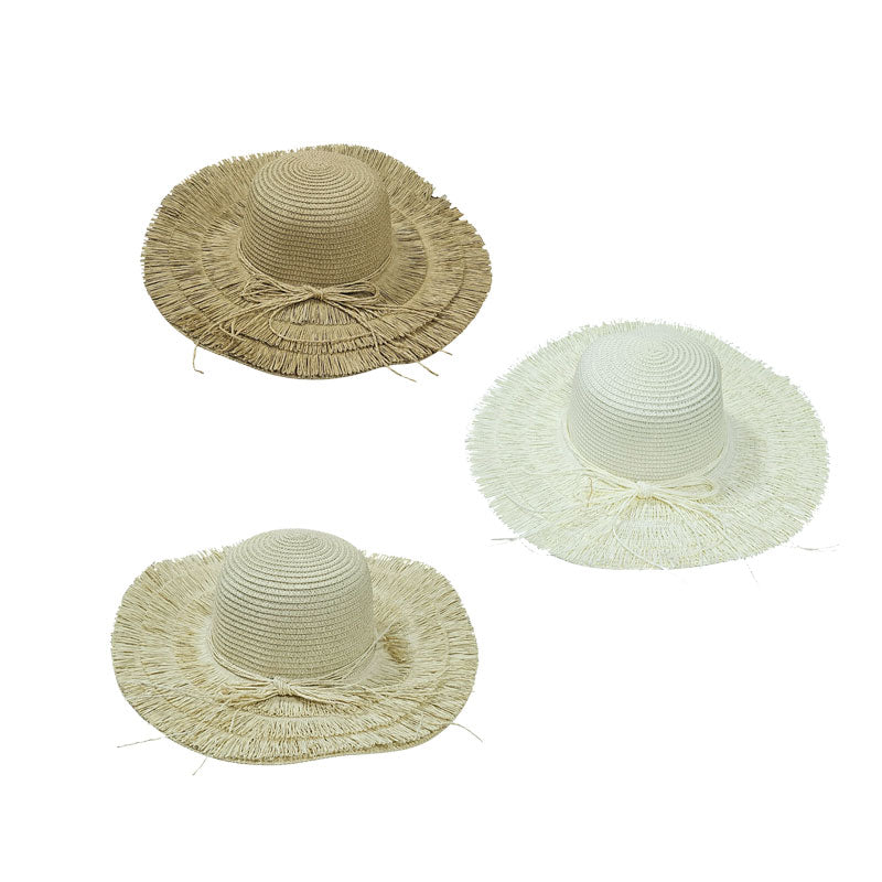 Ψάθινο Καπέλο Παραλίας με Κρόσια 42cm - Straw Beach Hat with Fringes - Λευκό - Μπεζ OEM