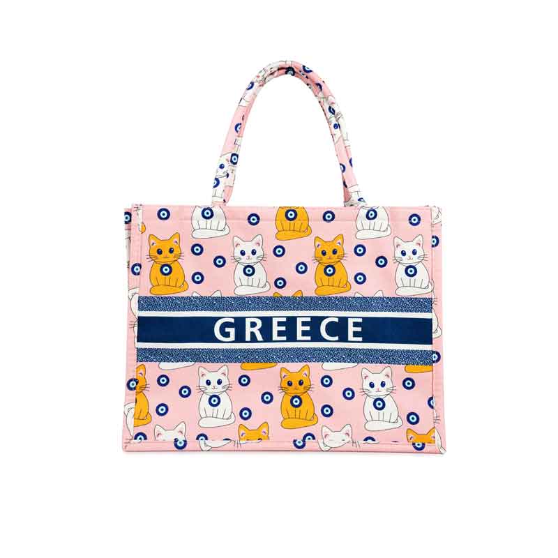 Τσάντα Θαλάσσης Greece με Σχέδιο Γάτες και Ματάκι - Greece Beach Bag with Cats and Evil Eye Design OEM