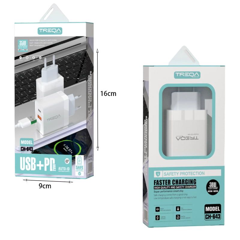 TREQA 20W γρήγορος φορτιστής κινητού iOS Lightning USB+PD CH-643 – Fast charger Treqa