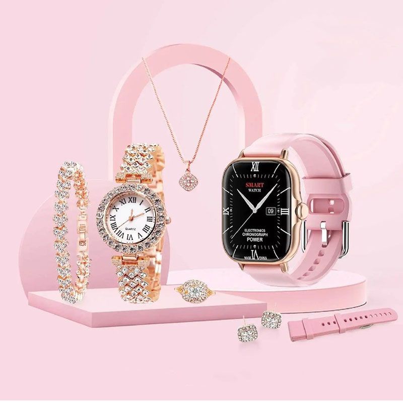 A58 Plus Smartwatch 5 σε 1 με σετ χρυσών κοσμημάτων- A58 Plus Big Screen - Ροζ OEM