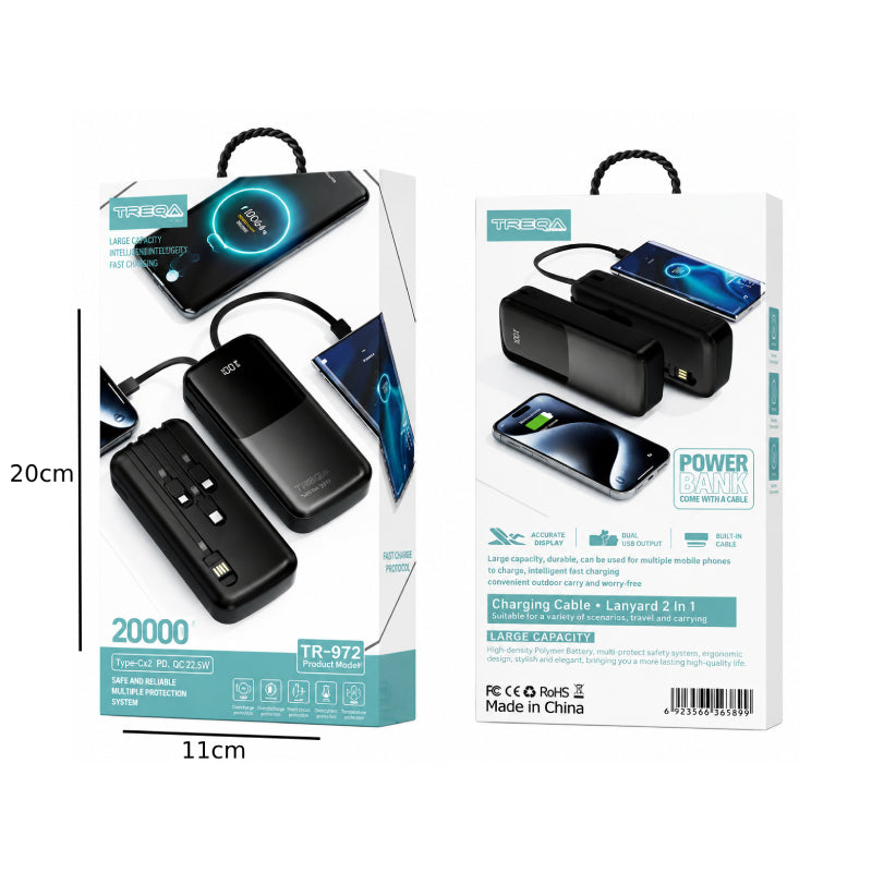 Treqa Power Bank 20000mAh 22.5W με Ενσωματωμένα Καλώδια TR-972 - 20000mAh 22.5W Power Bank with Built-in Cables - Μαύρο OEM