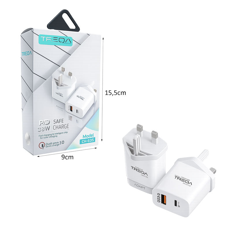 Treqa Φορτιστής Γρήγορης Φόρτισης PD 38W με Θύρα USB και Type C CH-635 - Fast Charging OEM