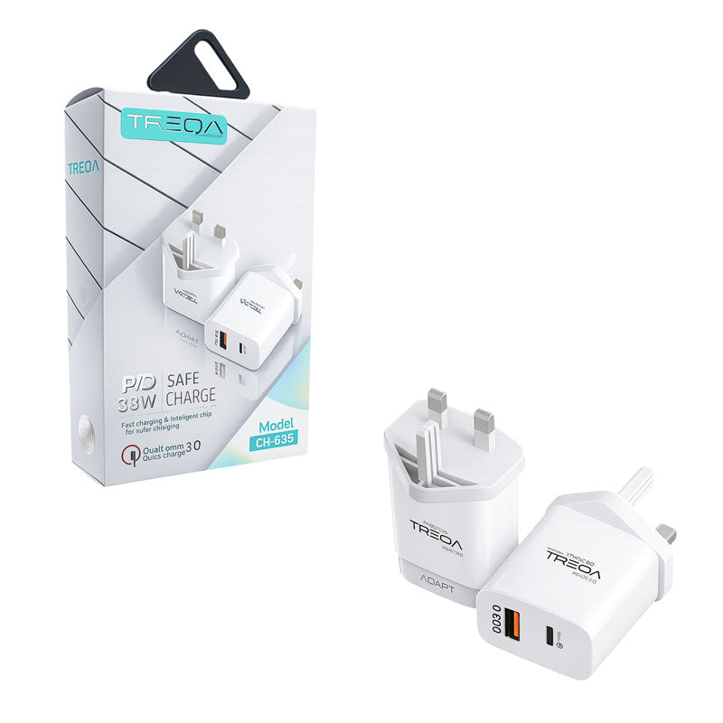 Treqa Φορτιστής Γρήγορης Φόρτισης PD 38W με Θύρα USB και Type C CH-635 - Fast Charging OEM