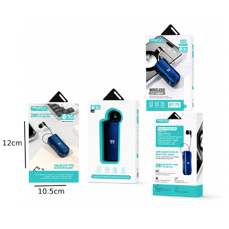 Treqa Ασύρματο Bluetooth Ακουστικό Πέτου με Clip & Οθόνη LED BT-79 - Wireless Bluetooth Clip Earbud with LED Display - Μαύρο
