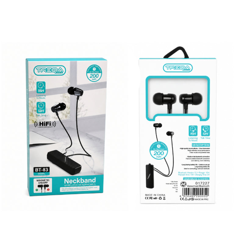 Treqa Ασύρματα Ακουστικά Λαιμού Bluetooth με Μαγνητικά Ακουστικά BT-83 -Bluetooth Neckband Wireless Earphones with Magnetic Earbuds OEM