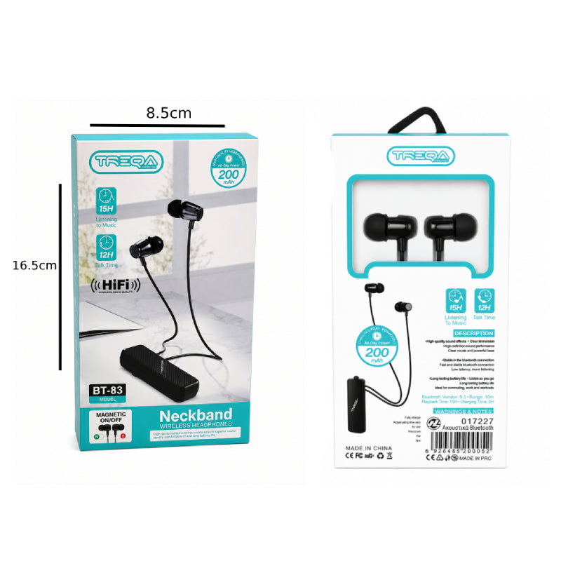 Treqa Ασύρματα Ακουστικά Λαιμού Bluetooth με Μαγνητικά Ακουστικά BT-83 -Bluetooth Neckband Wireless Earphones with Magnetic Earbuds OEM