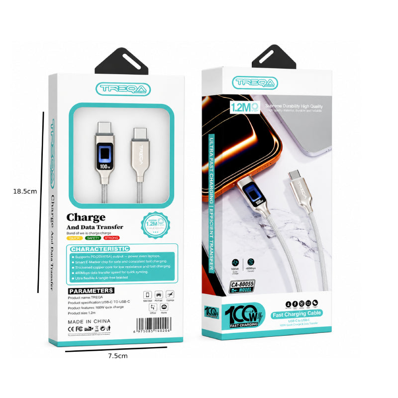 Treqa Καλώδιο Φόρτισης & Μεταφοράς Δεδομένων USB-C σε USB-C 100W 1.2m με Οθόνη Ισχύος CA-80055- USB-C to USB-C 100W Fast Charging & Data Cable with Power Display 1.2m OEM