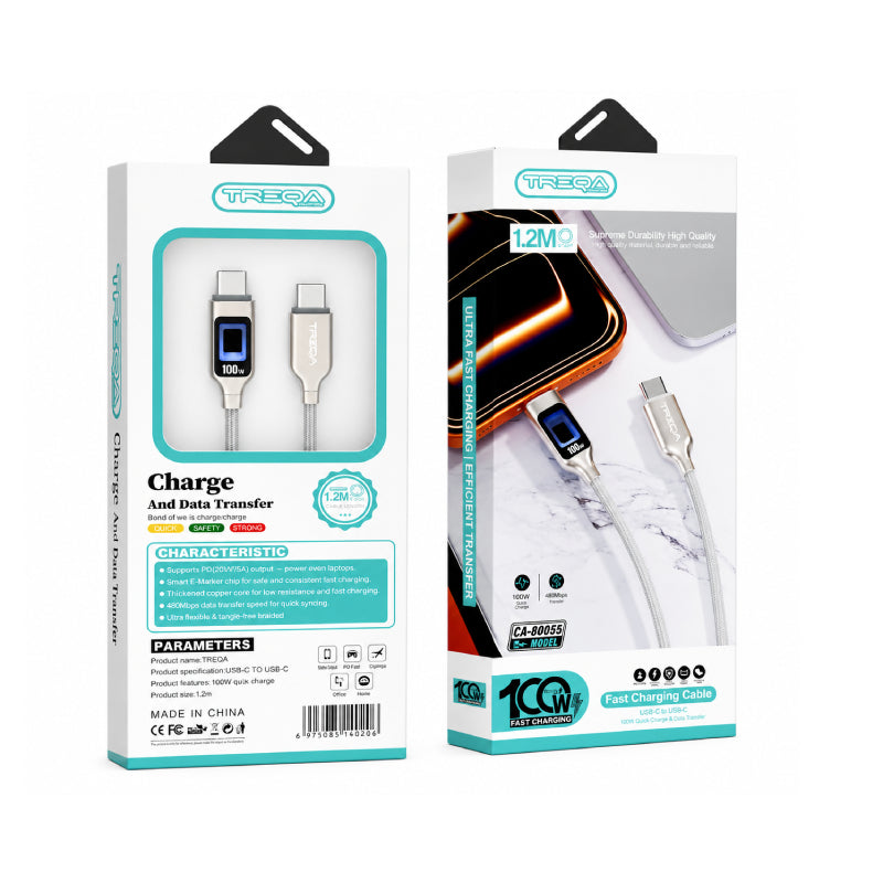 Treqa Καλώδιο Φόρτισης & Μεταφοράς Δεδομένων USB-C σε USB-C 100W 1.2m με Οθόνη Ισχύος CA-80055- USB-C to USB-C 100W Fast Charging & Data Cable with Power Display 1.2m OEM