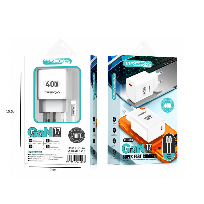 Treqa Φορτιστής GaN 40W USB-C Power Delivery με Καλώδιο Type-C CH-663- GaN 40W USB-C Power Delivery Charger with Type-C Cable OEM