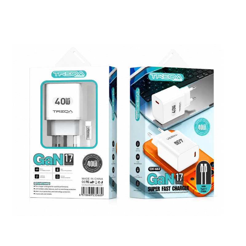 Treqa Φορτιστής GaN 40W USB-C Power Delivery με Καλώδιο Type-C CH-663- GaN 40W USB-C Power Delivery Charger with Type-C Cable OEM