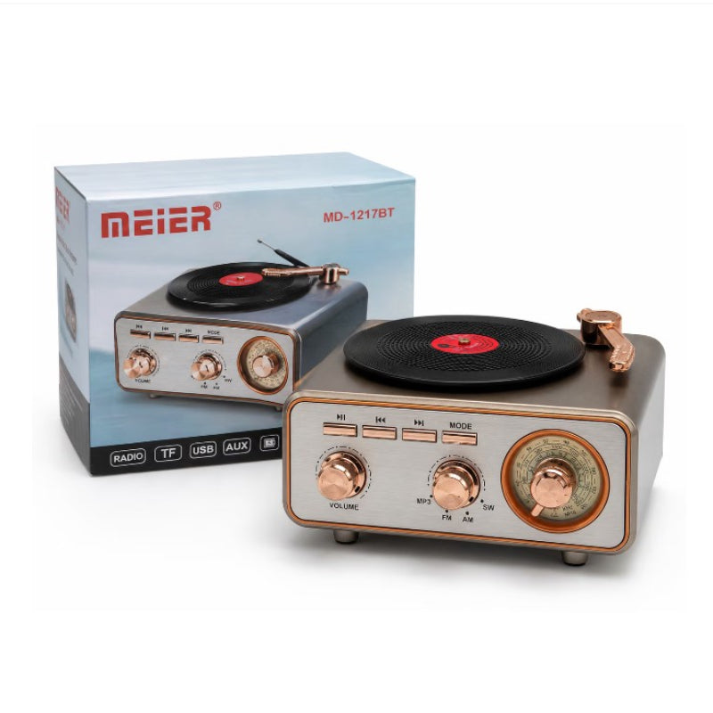 Meier Ρετρό Bluetooth Πικάπ με Ραδιόφωνο FM/AM/SW, USB, TF & AUX MD-1217BT - Retro Bluetooth Turntable with FM/AM/SW Radio, USB, TF & AUX - Καφέ - Σκούρο καφέ OEM