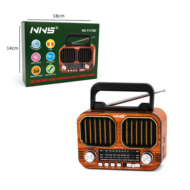 NNS Φορητό Ραδιόφωνο Bluetooth με USB, TF, TWS & Επαναφορτιζόμενη Μπαταρία NS-7117BT - Portable Bluetooth Radio with USB, TF, TWS & Rechargeable Battery - Καφέ - Χρυσό OEM