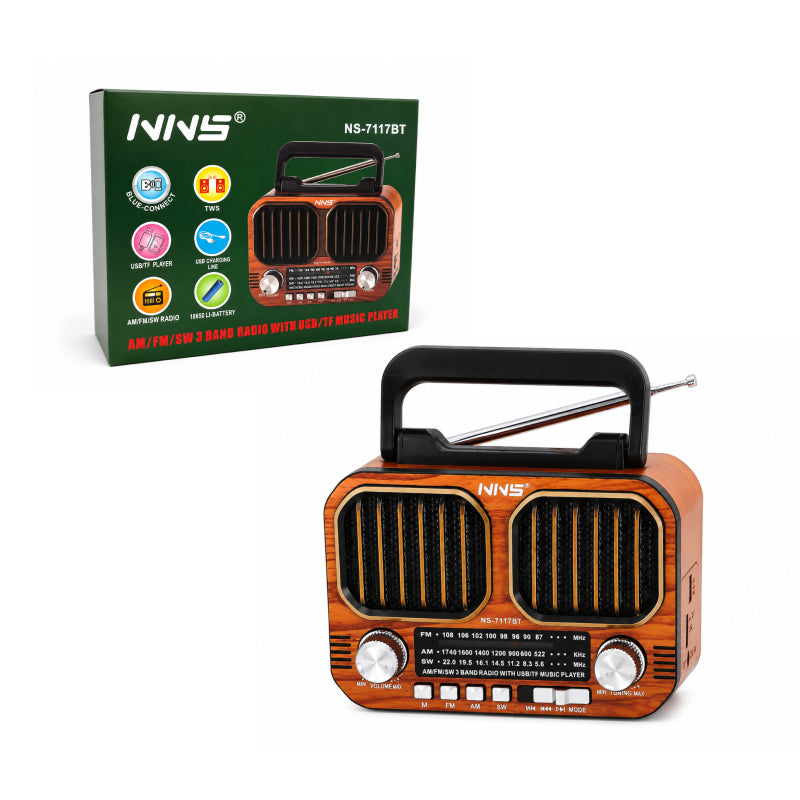 NNS Φορητό Ραδιόφωνο Bluetooth με USB, TF, TWS & Επαναφορτιζόμενη Μπαταρία NS-7117BT - Portable Bluetooth Radio with USB, TF, TWS & Rechargeable Battery - Καφέ - Χρυσό OEM