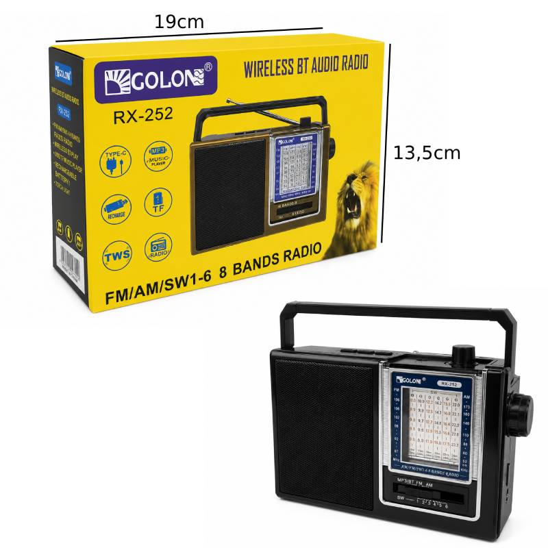 GOLON Φορητό Πολυζωνικό Ραδιόφωνο Bluetooth RX-252 - Portable Bluetooth Multi-Band Radio - Γκρι - Χρυσό OEM