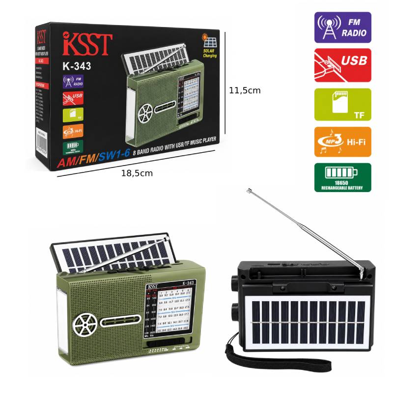 KSST Φορητό Ραδιόφωνο K-343 AM/FM/SW με Ηλιακή Φόρτιση, USB, TF & Επαναφορτιζόμενη Μπαταρία - Portable Solar Radio OEM