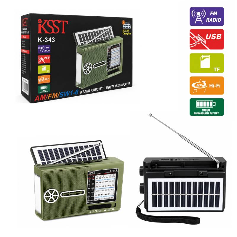 KSST Φορητό Ραδιόφωνο K-343 AM/FM/SW με Ηλιακή Φόρτιση, USB, TF & Επαναφορτιζόμενη Μπαταρία - Portable Solar Radio OEM