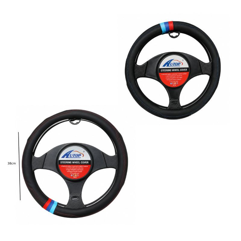 Κάλυμμα Τιμονιού Αυτοκινήτου 38cm Μαύρο με Διακοσμητικές Ρίγες - Car Steering Wheel Cover 38cm Black with Decorative Stripes - Μπλε OEM