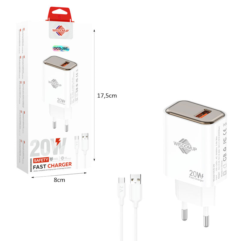 Wisdomup Φορτιστής Ταχείας Φόρτισης 20W USB-C με Καλώδιο USB-C σε Type-C OCD-29T - Fast Charger with USB-C to Type-C Cable OEM