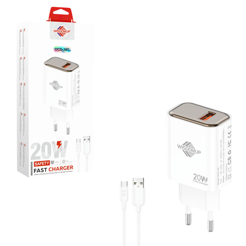 Wisdomup Φορτιστής Ταχείας Φόρτισης 20W USB-C με Καλώδιο USB-C σε Type-C OCD-29T - Fast Charger with USB-C to Type-C Cable OEM