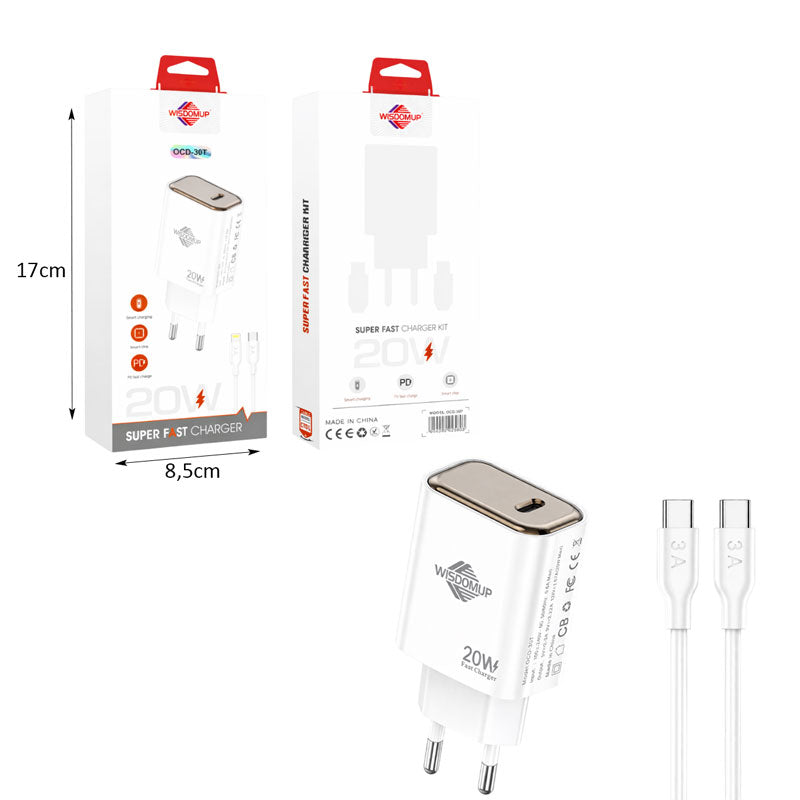 Wisdomup Φορτιστής Κινητού Type-C σε Type-C 20W OCD-30T - Fast Charger with Type-C to Type-C Cable OEM