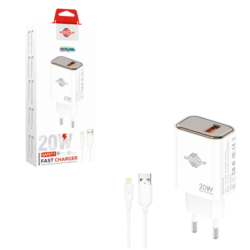 Wisdomup Φορτιστής Ταχείας Φόρτισης 20W USB με Καλώδιο USB σε Lightning OCD-29P - Fast Charger with USB to Lightning Cable OEM