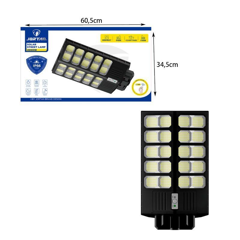 Jortan Led Αδιάβροχο Ηλιακό Φωτιστικό Δρόμου 2000W με Ανιχνευτή Κίνησης Και Τηλεχειριστήριο IP66 - Solar Street Lamp OEM