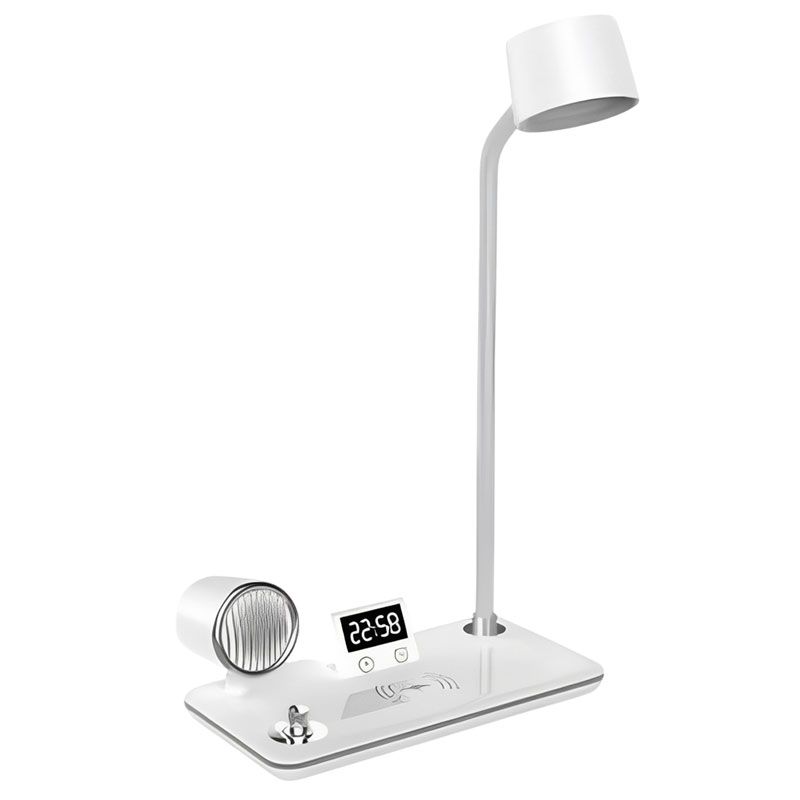 LED Φωτιστικό Γραφείου 4 σε 1 με Ασύρματο Φορτιστή, Ηχείο Bluetooth και Ρολόι - LED Desk Lamp 4 in 1 with Wireless Charger, Bluetooth Speaker and Clock - Άσπρο OEM