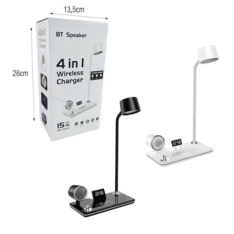 LED Φωτιστικό Γραφείου 4 σε 1 με Ασύρματο Φορτιστή, Ηχείο Bluetooth και Ρολόι - LED Desk Lamp 4 in 1 with Wireless Charger, Bluetooth Speaker and Clock - Άσπρο OEM