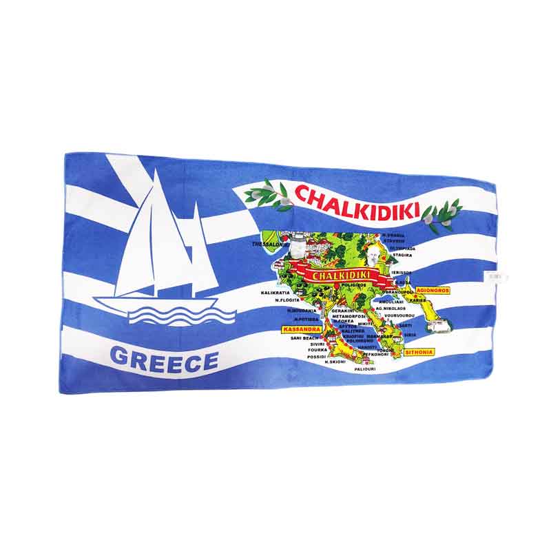 Πετσέτα Θαλάσσης Χαλκιδική με Χάρτη και Ελληνική Σημαία 140x70cm - Chalkidiki Beach Towel with Map and Greek Flag OEM