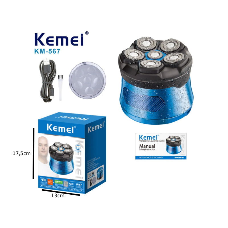 Ξυριστική Μηχανή Κεφαλής & Προσώπου Kemei KM-567 Επαναφορτιζόμενη Αδιάβροχη - Kemei KM-567 Rechargeable Waterproof Head & Face Shaver - Μπλε - Πορτοκαλί OEM