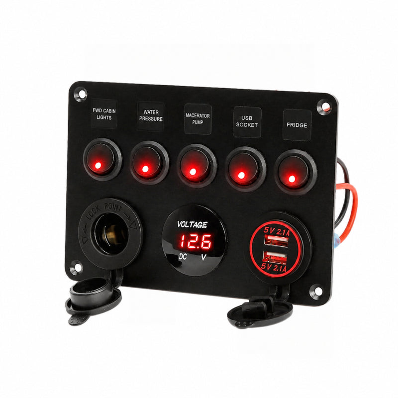 Πολυλειτουργικό Πάνελ Αυτοκινήτου 2 θύρες USB, Βολτόμετρο και 5 Διακόπτες Α90 - Car USB Charger - Κόκκινο OEM