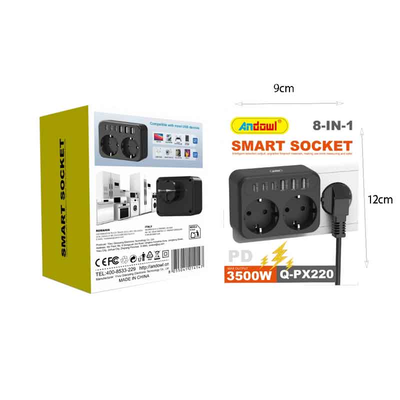 Andowl Πολύπριζο 8 σε 1 με 2 Πρίζες & 6 Θύρες USB 3500W Q-PX220- Smart Socket OEM