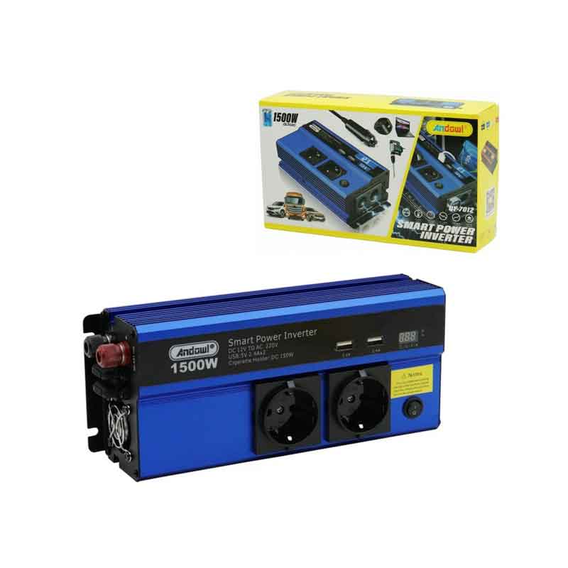 Andowl QY-7012 Inverter Αυτοκινήτου 1500W – Έξυπνος Μετατροπέας Ρεύματος με 2 Πρίζες Σούκο- Smart Power Inverter ANDOWL