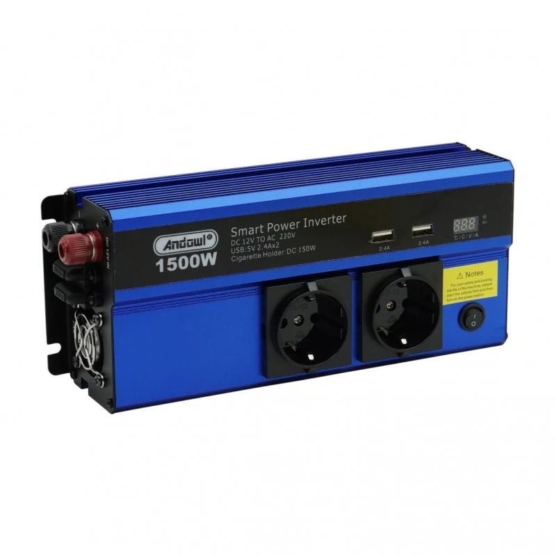 Andowl QY-7012 Inverter Αυτοκινήτου 1500W – Έξυπνος Μετατροπέας Ρεύματος με 2 Πρίζες Σούκο- Smart Power Inverter ANDOWL