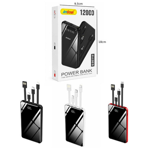 Andowl Power Bank 12000mAh με Ενσωματωμένα Καλώδια Φόρτισης Q-DC110 - Power Bank - Λευκό Andowl