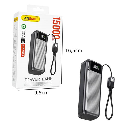 Andowl Power Bank 15000mAh Ταχείας Φόρτισης με Ψηφιακή Οθόνη & Ενσωματωμένο Καλώδιο Q-DC389 - Fast Charging Power Bank with Digital Display ANDOWL