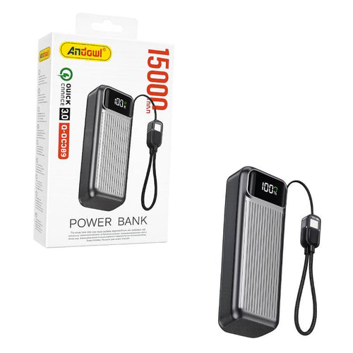 Andowl Power Bank 15000mAh Ταχείας Φόρτισης με Ψηφιακή Οθόνη & Ενσωματωμένο Καλώδιο Q-DC389 - Fast Charging Power Bank with Digital Display ANDOWL