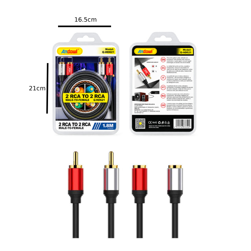 Καλώδιο Ήχου Andowl Q-HD621 2 RCA Αρσενικό σε 2 RCA Θηλυκό 1,8m - Andowl Q-HD621 2 RCA Male to 2 RCA Female Audio Cable 1.8m