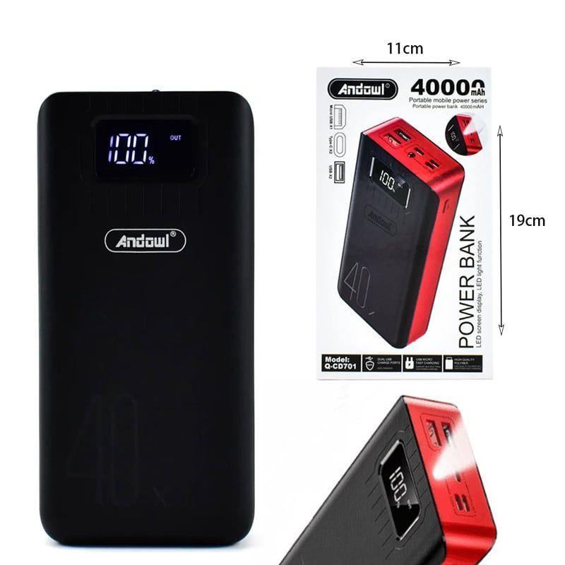 Andowl Q-CD701 Power Bank 40000mAh με 2 Θύρες USB - LED Screen Display Power Bank - Γκρι/Λευκό - Μαύρο/Κόκκινο OEM